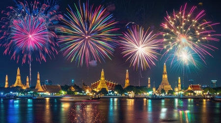 Bangkok's night sky illuminated by a burst of colorful fireworksの素材