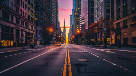 Empty urban street leading towards illuminated high-rise buildings against a twilight sky backdropの素材