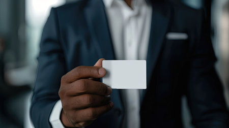 Business executive offering a business card, emphasizing professional communication and connectionの素材