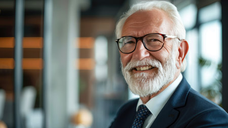 Smiling older professional manager in a corporate environment, showcasing experience and reliabilityの素材