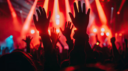 Silhouetted hands in the air, vibrant lights at a music showの素材