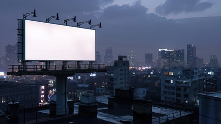 Mockup of a wide rooftop billboard at night, highlighting your brand against an urban backdropの素材