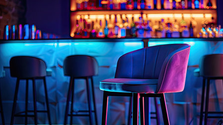 High chair at night club bar with bartender's liquor shelf in backgroundの素材
