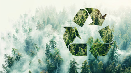 Double exposure of trees and recycle symbol, green environment conceptの素材