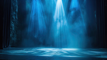 Vibrant blue spotlight beams on dark stage, creating stunning contrastの素材
