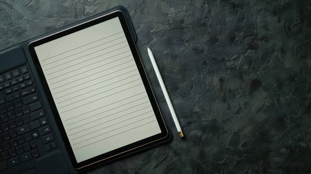 Lined notepaper on tablet screen with keyboard and stylus on dark gray surfaceの素材