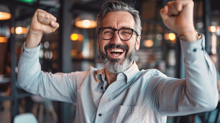 Happy middle-aged entrepreneur celebrating business success with a joyful expressionの素材