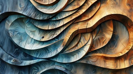 Abstract patterns carved into wooden texture with vivid color detailsの素材