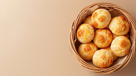 Basket of Brazilian cheese bread, isolated aerial view on a beige clean backgroundの素材