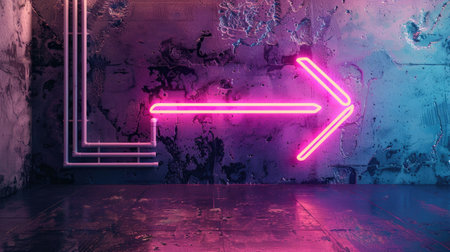 Bright pink neon arrow pointing right, glowing brightly on darkの素材