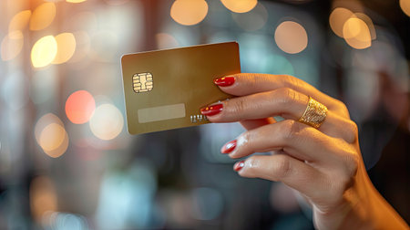 Woman's hand presenting a credit card, ideal for financial and e-commerce conceptsの素材