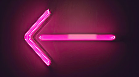 Glowing pink neon arrow icon, bright against black backgroundの素材