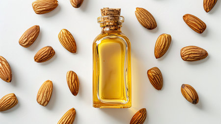 Almond oil bottle with scattered fresh almonds on white, top viewの素材