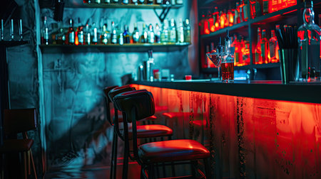 High chair at stylish night club bar with liquor bottles on bartender shelfの素材