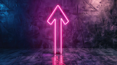 Bright pink neon arrow pointing upwards, glowing on dark backgroundの素材