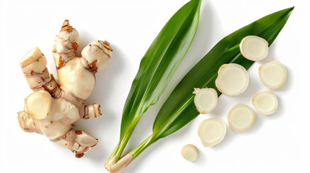 Galangal rhizomes with slices and green leaf, isolated on white background, top viewの素材