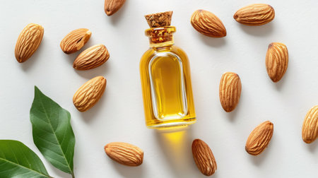 Fresh almonds and almond oil bottle on white, top viewの素材