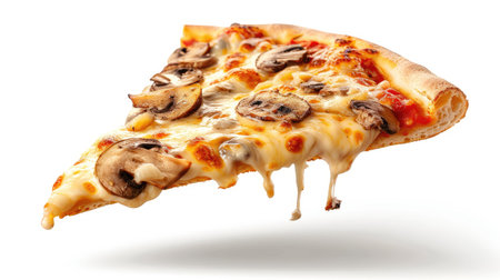 Floating slice of pizza with mushrooms and cheese, isolated on white backgroundの素材