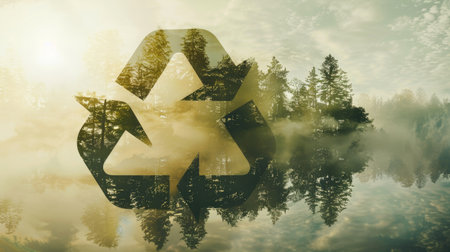 Double exposure of trees and recycle icon, environmental careの素材