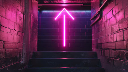Bright pink neon arrow pointing upwards, glowing on dark surfaceの素材