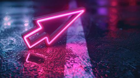 Bright pink neon arrow icon, glowing on a dark surfaceの素材
