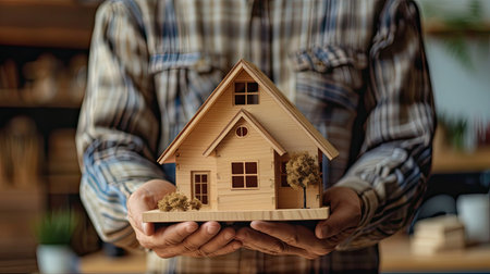 Financial advisor holding house model and explaining investmentの素材