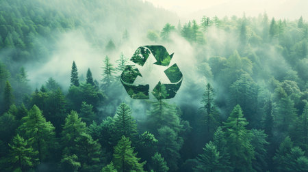 Eco concept with recycle symbol over double-exposed forestの素材