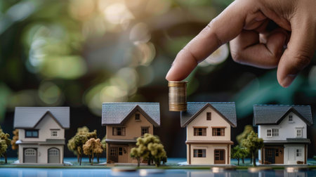 Hand placing coin on house model, investing in property for profitの素材