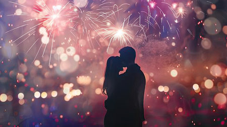 Happy couple embracing while watching fireworks light up the skyの素材