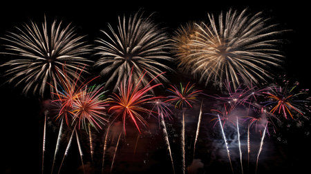 Black sky filled with bright, colorful fireworks, celebration displayの素材