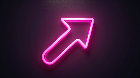 Neon pink arrow icon, bright glow against black backgroundの素材