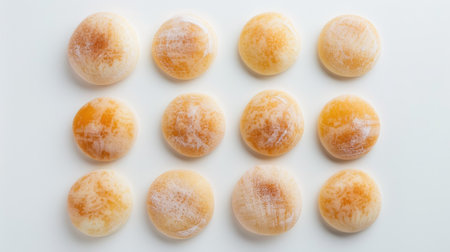 Mochi Bread arranged artistically on a white background, top-down view, perfect for culinary displaysの素材