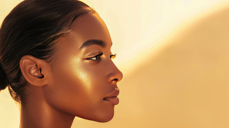 Young woman in profile with radiant, flawless skin, highlighting her natural glow.の素材