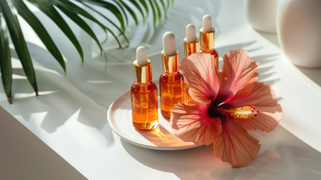 Elegant hibiscus flower paired with skincare ampoules on a white table, perfect for natural beauty themes.の素材