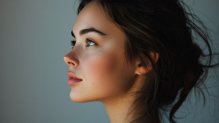 Stunning young woman in profile with radiant, flawless skin, capturing her natural beauty.の素材