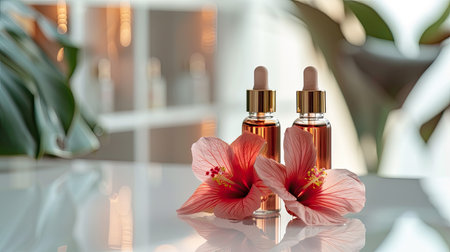 Elegant arrangement of skincare ampoules and hibiscus flower on a white table, perfect for a beauty product display.の素材
