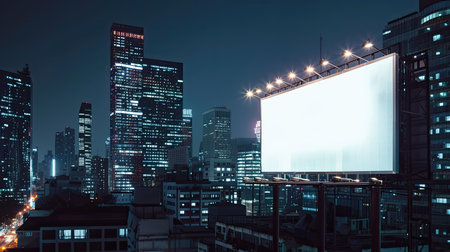 Empty rooftop billboard template at night, with skyscrapers as a dramatic backdrop for your adの素材