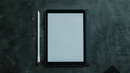 Tablet displaying lined notepaper screen with keyboard and stylus on dark gray tableの素材