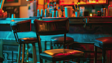 High chair at night club bar with bartender's liquor shelf in backgroundの素材