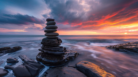 Coastal serenity with stacked rock pyramid against colorful sunset skyの素材