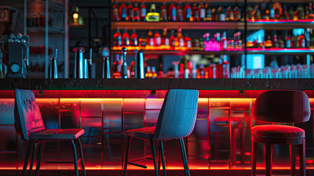 Night club interior with high chair facing bartender's liquor shelfの素材