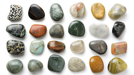 Collection of diverse stones isolated against a plain white backdropの素材