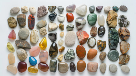 Mix of natural stones organized neatly on a plain white backgroundの素材