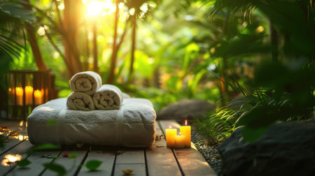 Wellness and rejuvenation concept with massage table in serene spaの素材