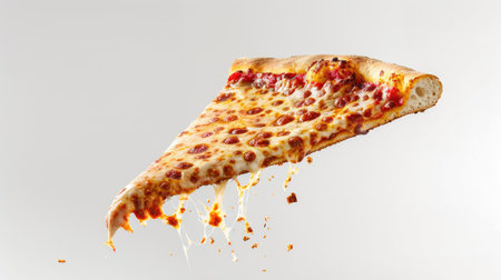 Aerial view of a flying pizza slice, cheese pull, isolated on a white backgroundの素材