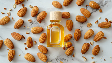 Bottle of almond oil with fresh nuts on white surface, top viewの素材