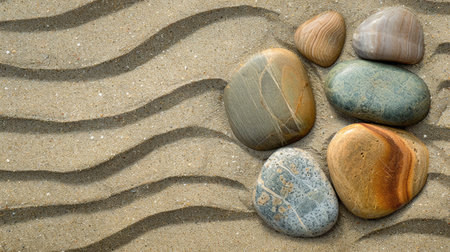 Smooth sea stones on textured sand with parallel wave linesの素材