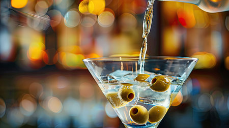 Cocktail being poured into martini glass, olives and blurred backgroundの素材