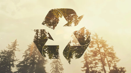 Double exposure of trees and recycle icon, environmental careの素材