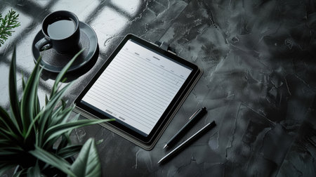 Tablet, keyboard, and stylus on dark gray desk, lined notepaper on screenの素材